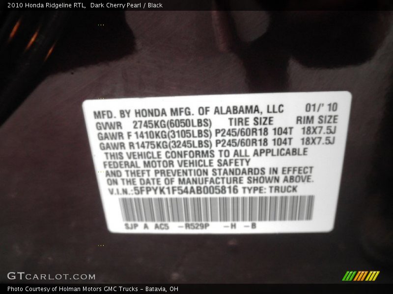 Dark Cherry Pearl / Black 2010 Honda Ridgeline RTL