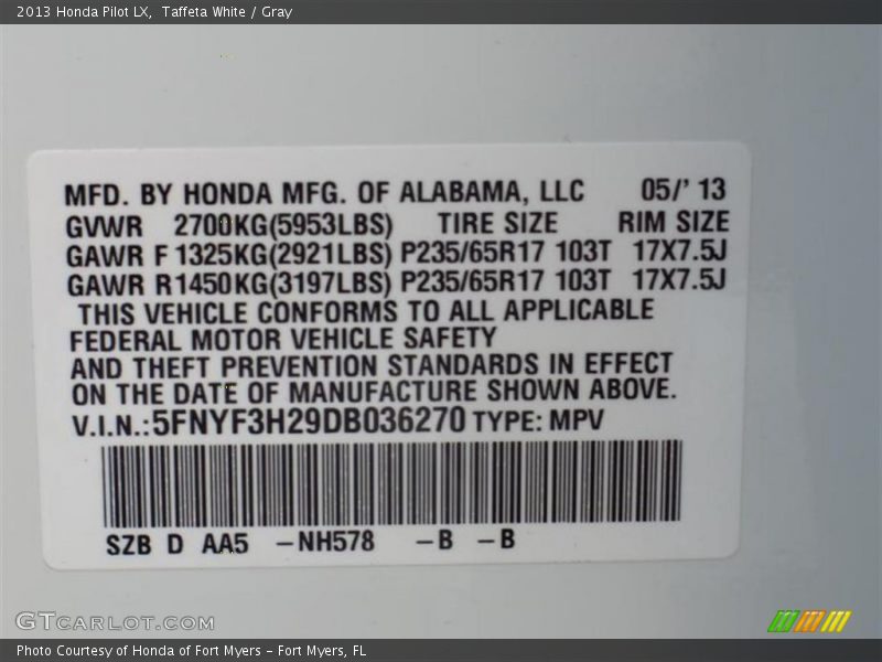 Taffeta White / Gray 2013 Honda Pilot LX