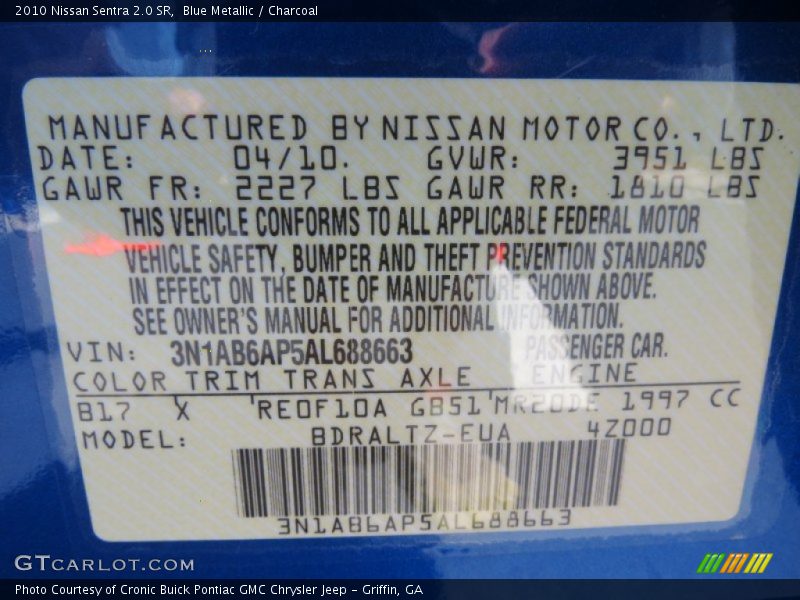 Blue Metallic / Charcoal 2010 Nissan Sentra 2.0 SR