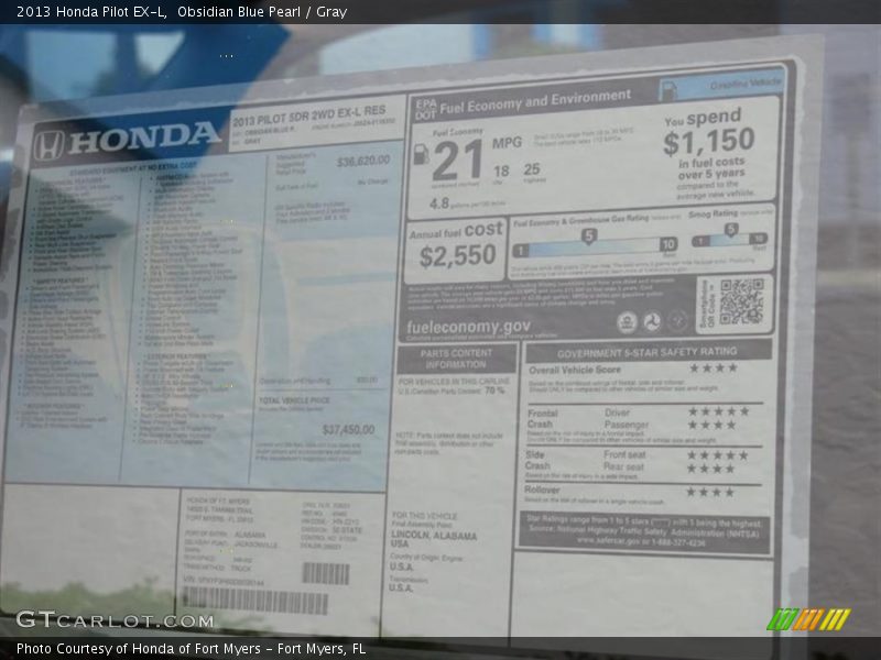 Obsidian Blue Pearl / Gray 2013 Honda Pilot EX-L