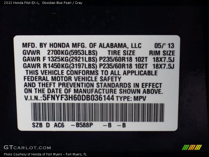 Obsidian Blue Pearl / Gray 2013 Honda Pilot EX-L