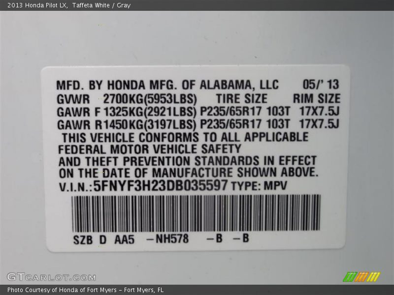 Taffeta White / Gray 2013 Honda Pilot LX