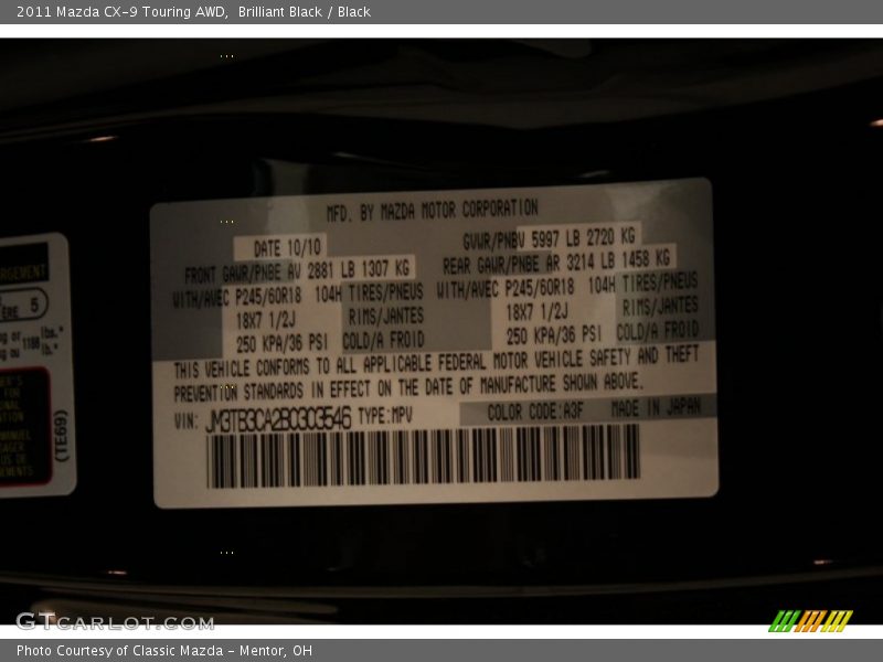 Brilliant Black / Black 2011 Mazda CX-9 Touring AWD