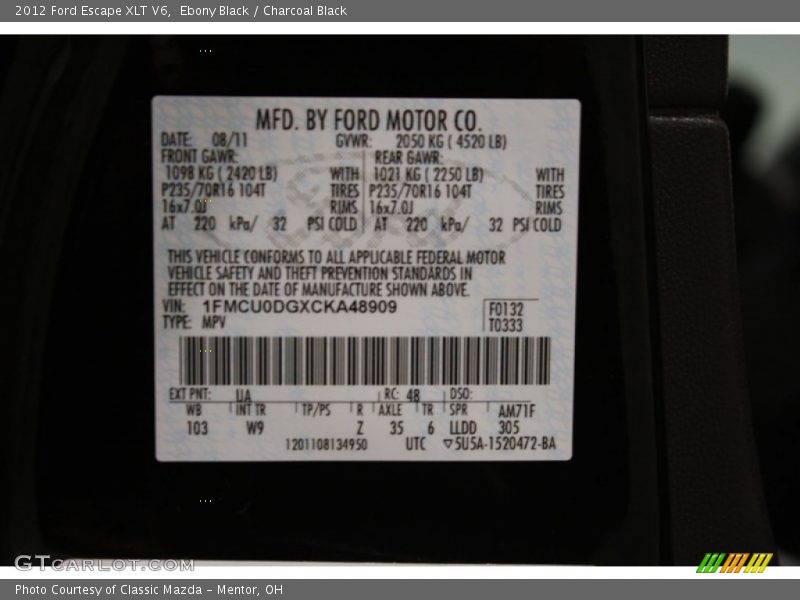 Ebony Black / Charcoal Black 2012 Ford Escape XLT V6