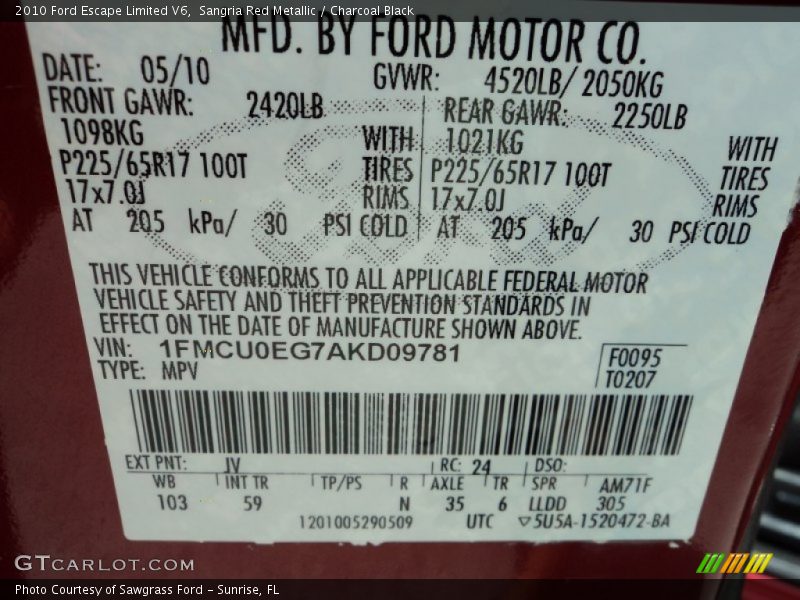 Sangria Red Metallic / Charcoal Black 2010 Ford Escape Limited V6