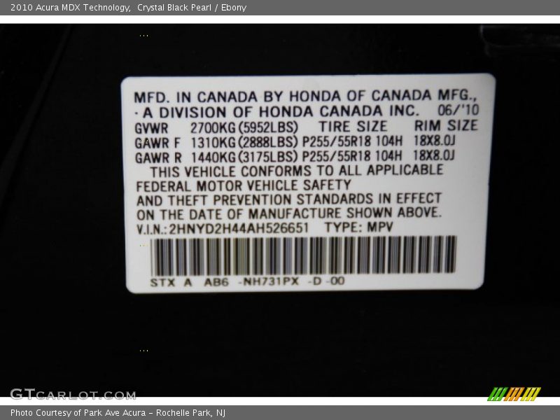 Crystal Black Pearl / Ebony 2010 Acura MDX Technology