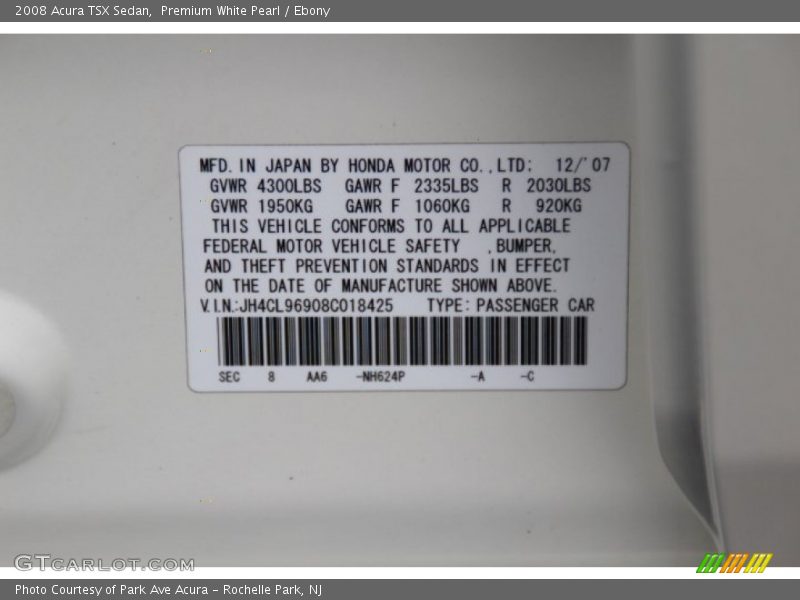 Premium White Pearl / Ebony 2008 Acura TSX Sedan