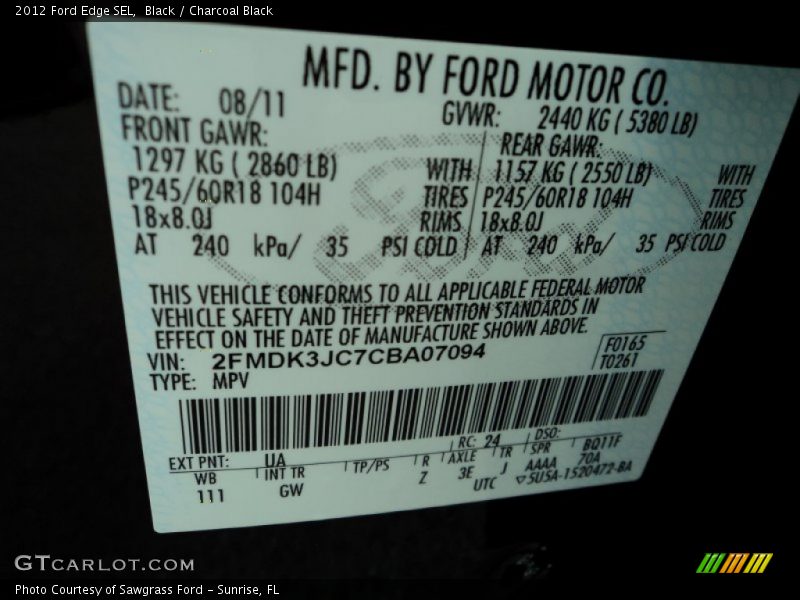 Black / Charcoal Black 2012 Ford Edge SEL