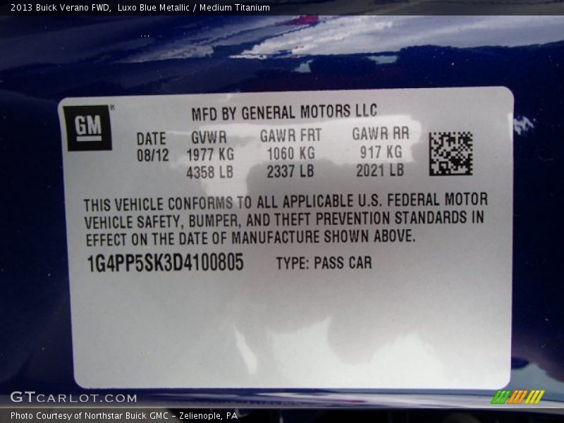 Luxo Blue Metallic / Medium Titanium 2013 Buick Verano FWD
