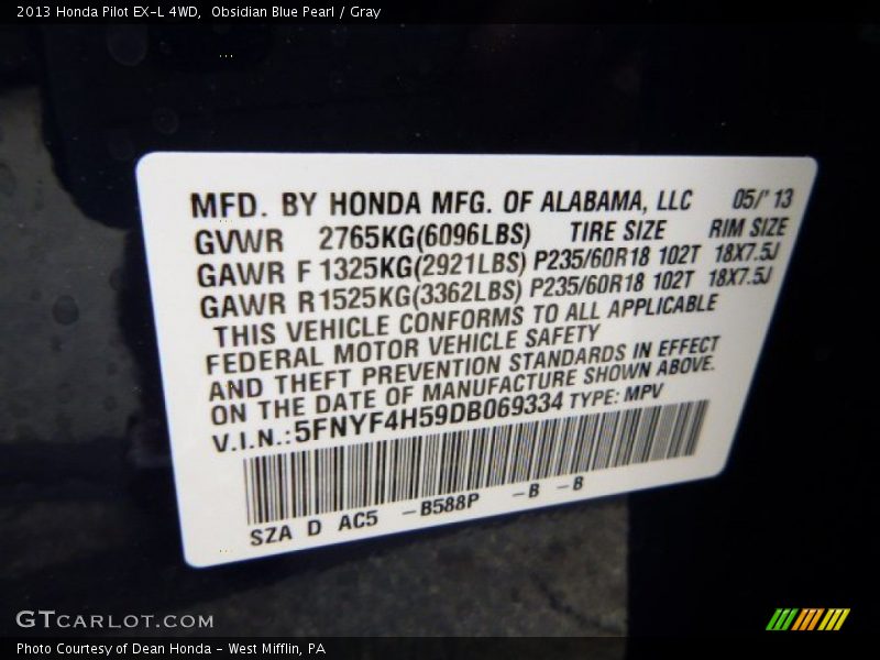 Obsidian Blue Pearl / Gray 2013 Honda Pilot EX-L 4WD