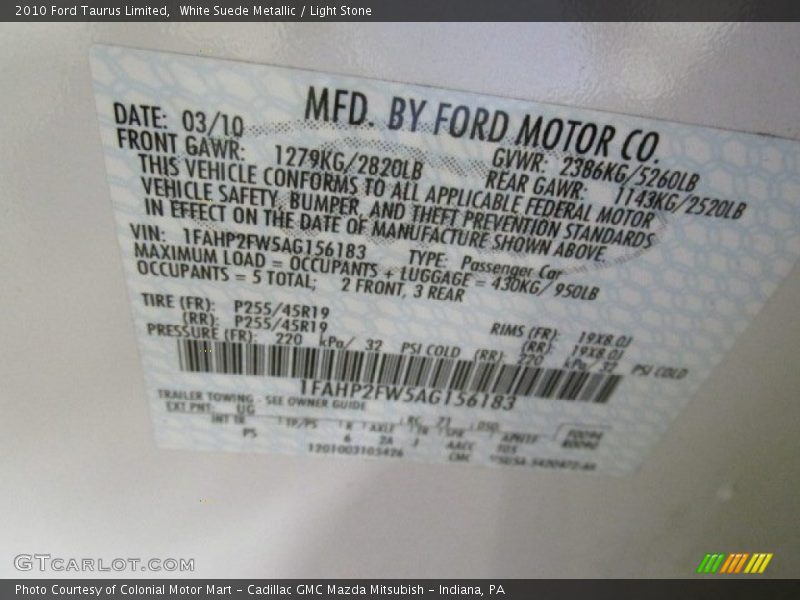 White Suede Metallic / Light Stone 2010 Ford Taurus Limited