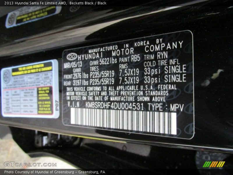 Becketts Black / Black 2013 Hyundai Santa Fe Limited AWD