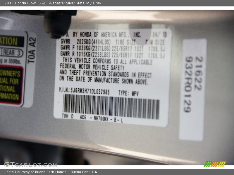 Alabaster Silver Metallic / Gray 2013 Honda CR-V EX-L