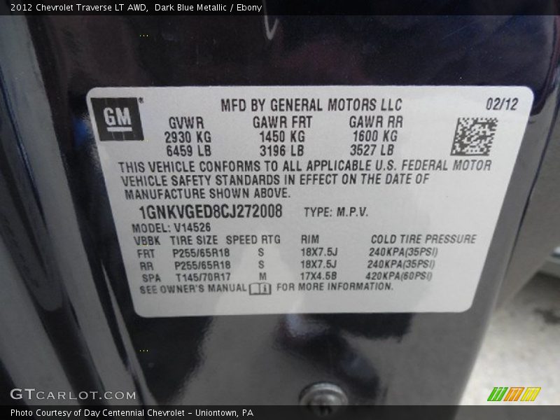 Dark Blue Metallic / Ebony 2012 Chevrolet Traverse LT AWD