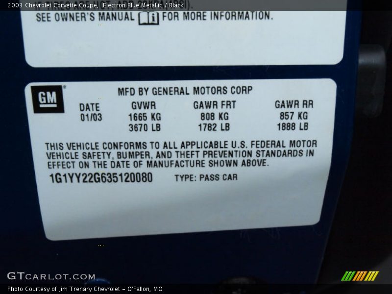 Info Tag of 2003 Corvette Coupe