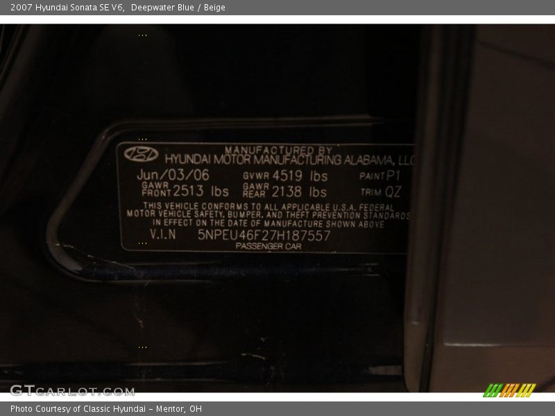 Deepwater Blue / Beige 2007 Hyundai Sonata SE V6