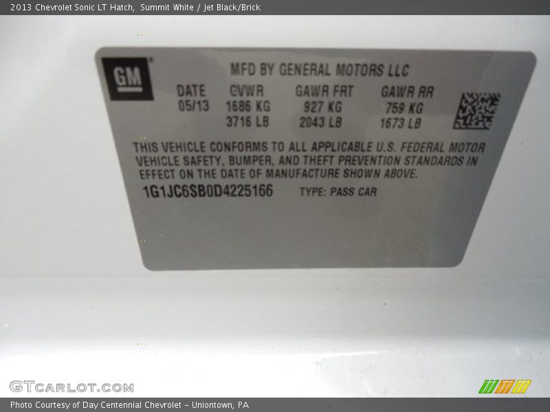 Summit White / Jet Black/Brick 2013 Chevrolet Sonic LT Hatch