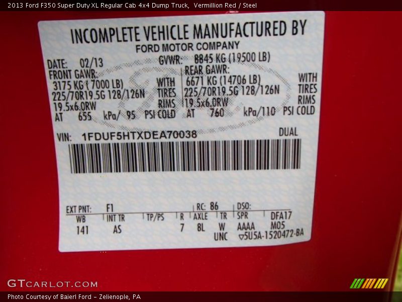 2013 F350 Super Duty XL Regular Cab 4x4 Dump Truck Vermillion Red Color Code F1