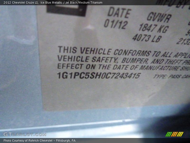 Ice Blue Metallic / Jet Black/Medium Titanium 2012 Chevrolet Cruze LS