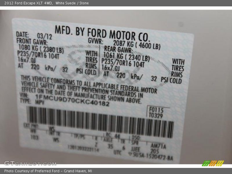White Suede / Stone 2012 Ford Escape XLT 4WD