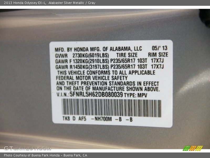 Alabaster Silver Metallic / Gray 2013 Honda Odyssey EX-L