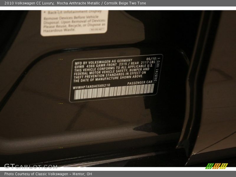 Mocha Anthracite Metallic / Cornsilk Beige Two Tone 2010 Volkswagen CC Luxury