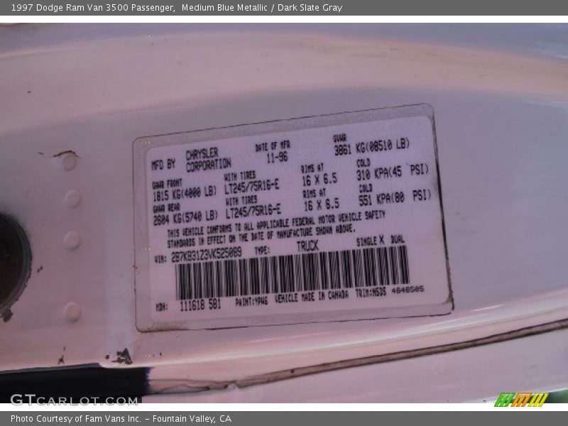 Medium Blue Metallic / Dark Slate Gray 1997 Dodge Ram Van 3500 Passenger