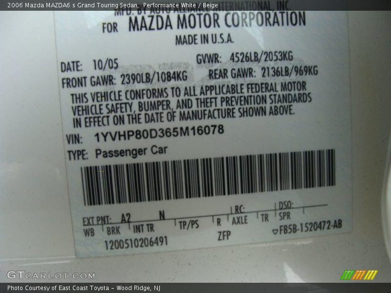 Performance White / Beige 2006 Mazda MAZDA6 s Grand Touring Sedan