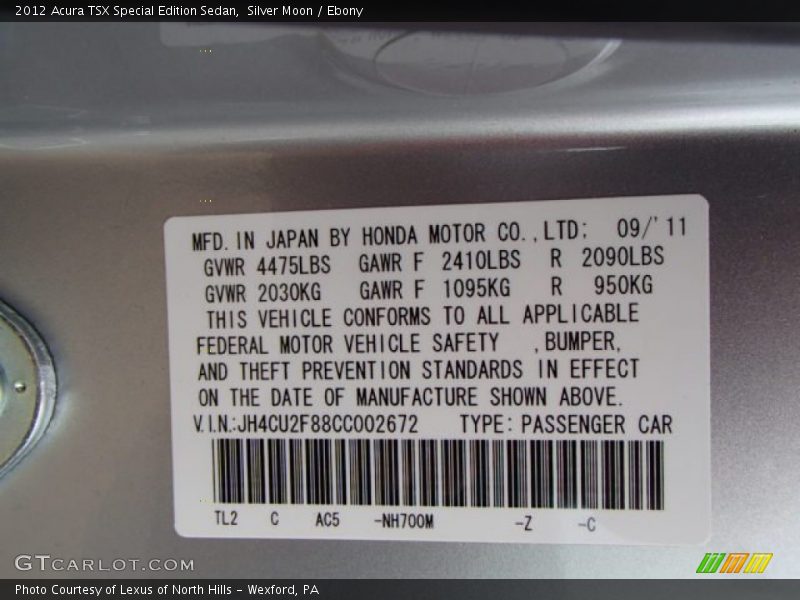 Silver Moon / Ebony 2012 Acura TSX Special Edition Sedan