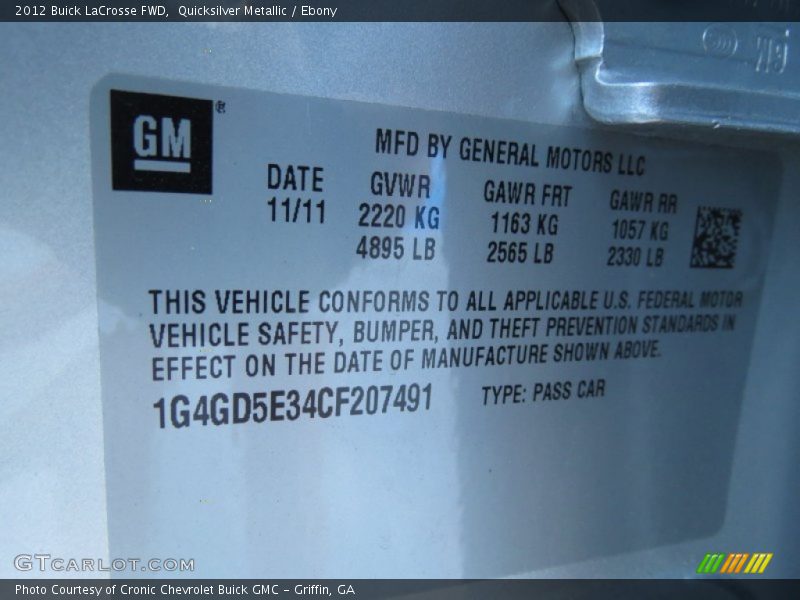 Quicksilver Metallic / Ebony 2012 Buick LaCrosse FWD