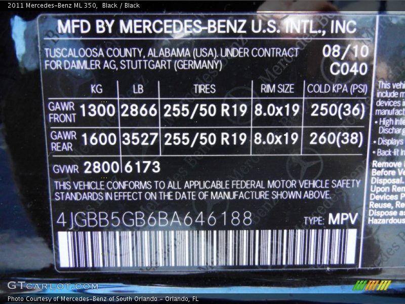 Black / Black 2011 Mercedes-Benz ML 350
