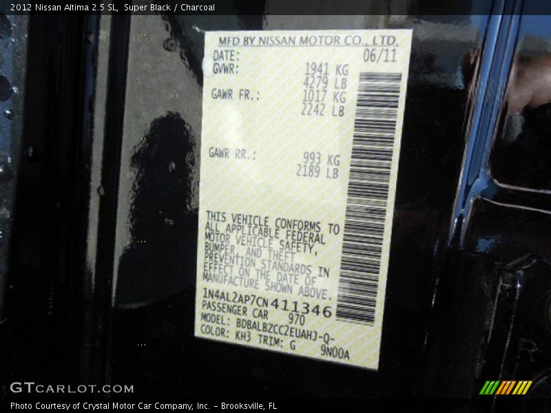 Super Black / Charcoal 2012 Nissan Altima 2.5 SL
