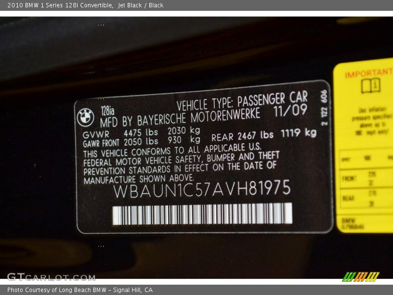 Jet Black / Black 2010 BMW 1 Series 128i Convertible