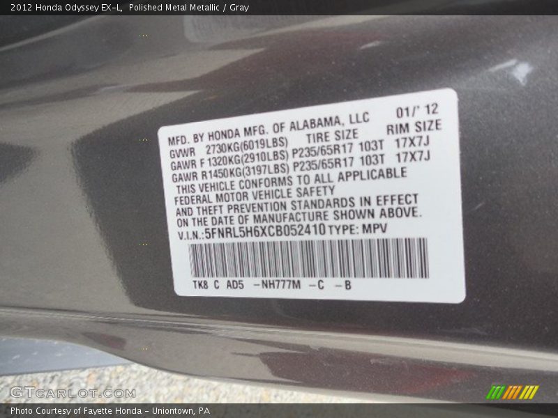 Polished Metal Metallic / Gray 2012 Honda Odyssey EX-L
