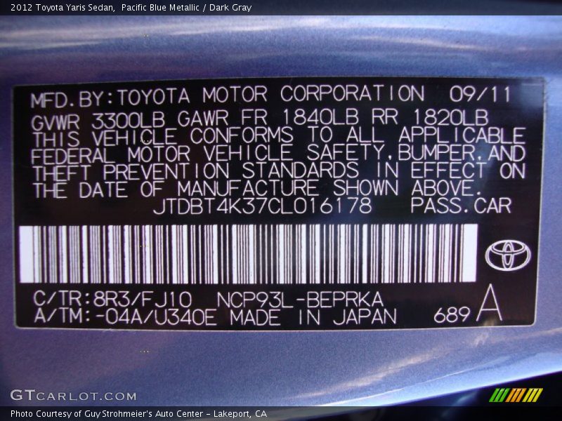Pacific Blue Metallic / Dark Gray 2012 Toyota Yaris Sedan
