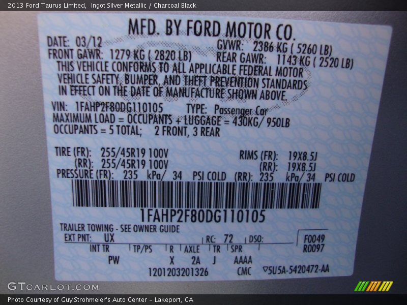Ingot Silver Metallic / Charcoal Black 2013 Ford Taurus Limited