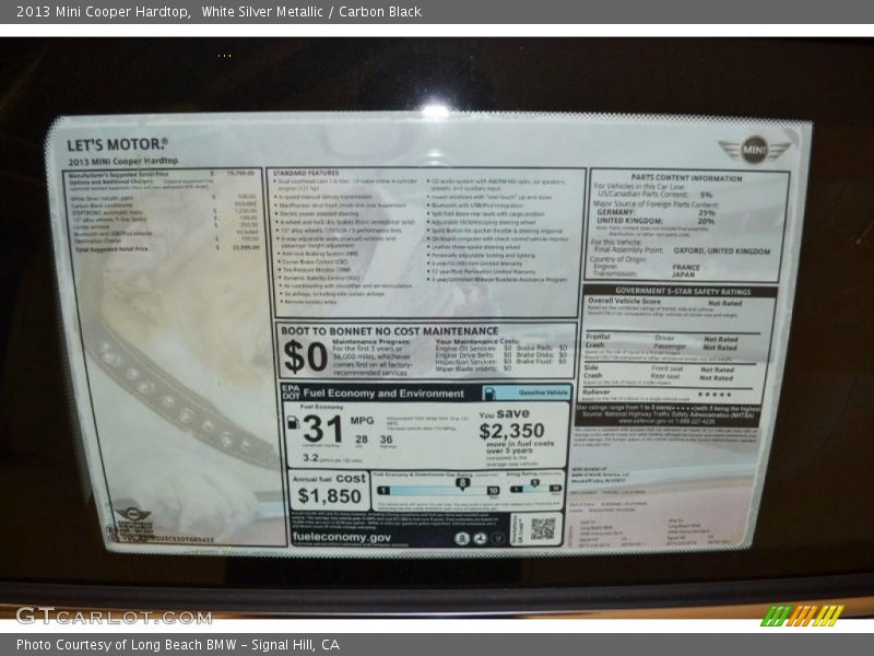 White Silver Metallic / Carbon Black 2013 Mini Cooper Hardtop