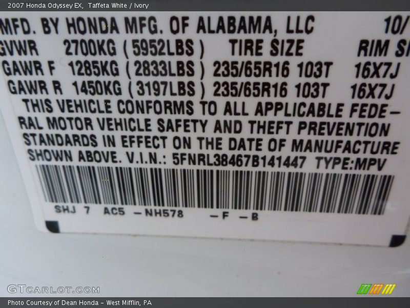 Taffeta White / Ivory 2007 Honda Odyssey EX