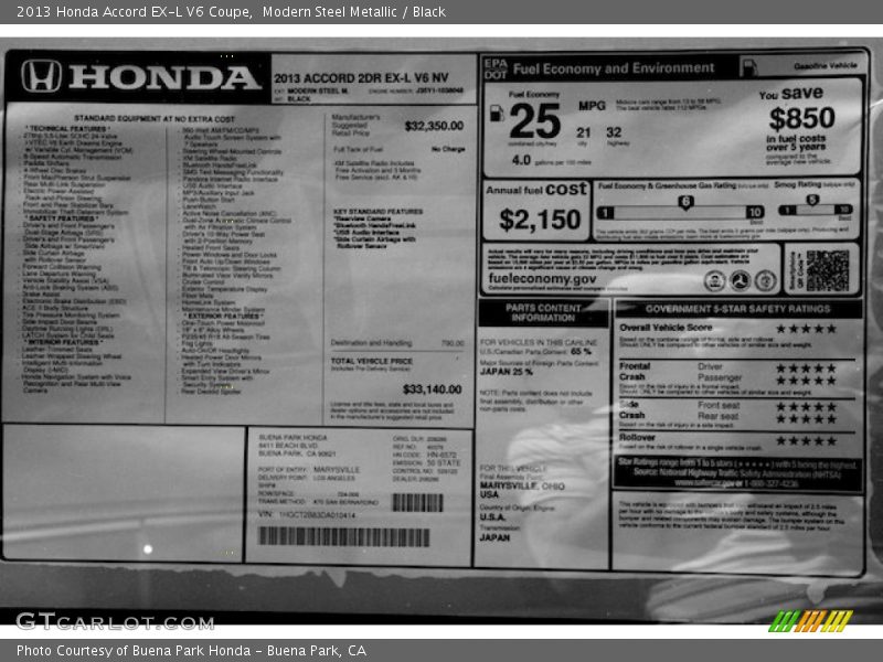 Modern Steel Metallic / Black 2013 Honda Accord EX-L V6 Coupe