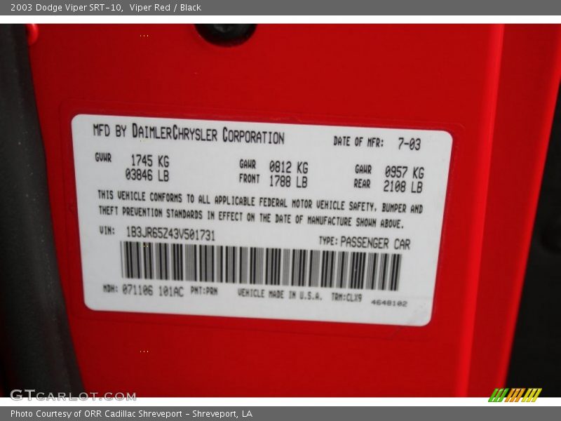 2003 Viper SRT-10 Viper Red Color Code PRN