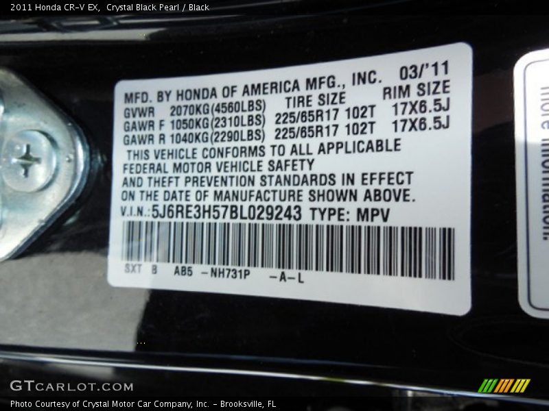 Crystal Black Pearl / Black 2011 Honda CR-V EX
