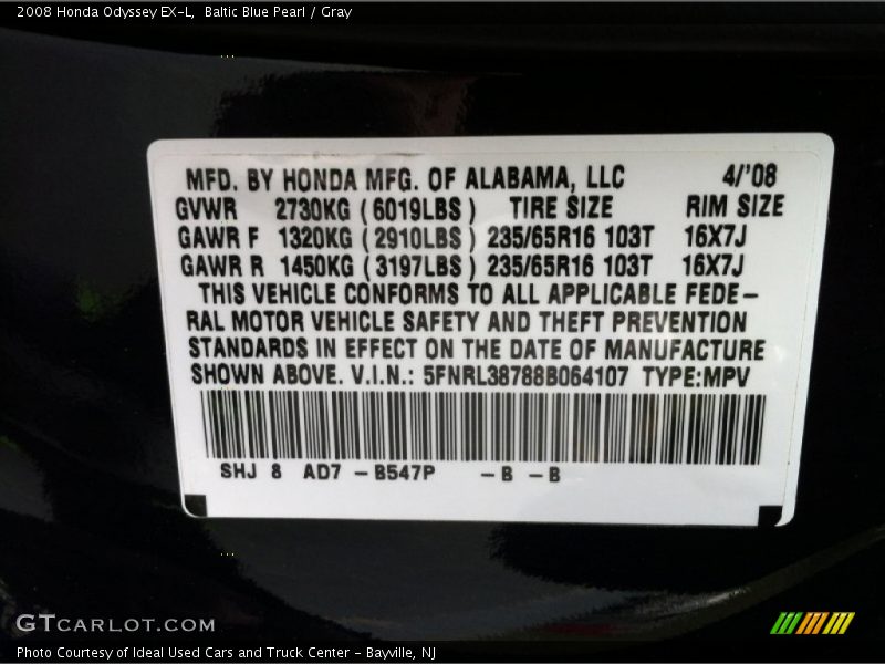 Baltic Blue Pearl / Gray 2008 Honda Odyssey EX-L