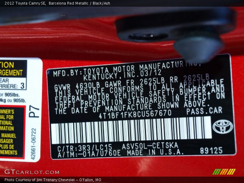 Barcelona Red Metallic / Black/Ash 2012 Toyota Camry SE