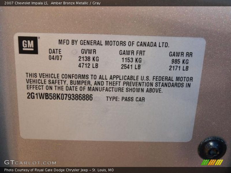 Amber Bronze Metallic / Gray 2007 Chevrolet Impala LS