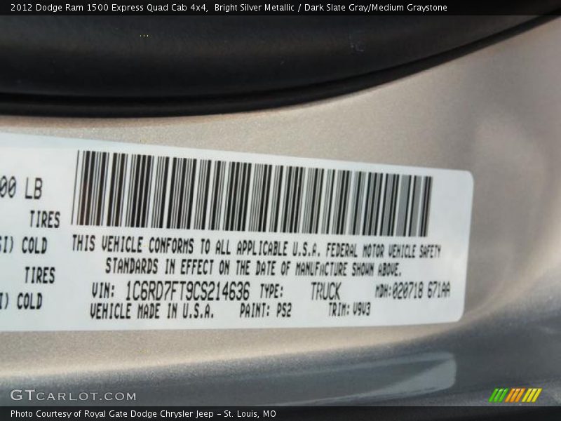 Bright Silver Metallic / Dark Slate Gray/Medium Graystone 2012 Dodge Ram 1500 Express Quad Cab 4x4