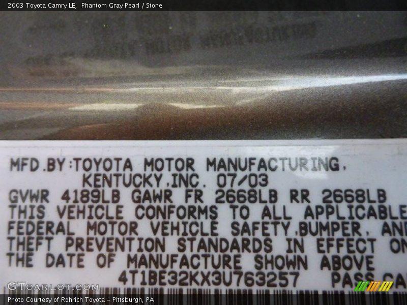 Phantom Gray Pearl / Stone 2003 Toyota Camry LE