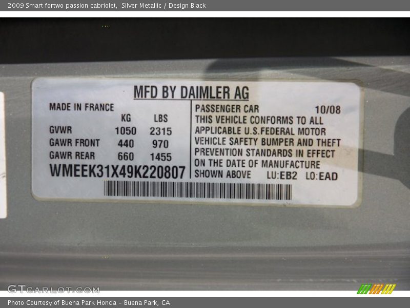 Silver Metallic / Design Black 2009 Smart fortwo passion cabriolet