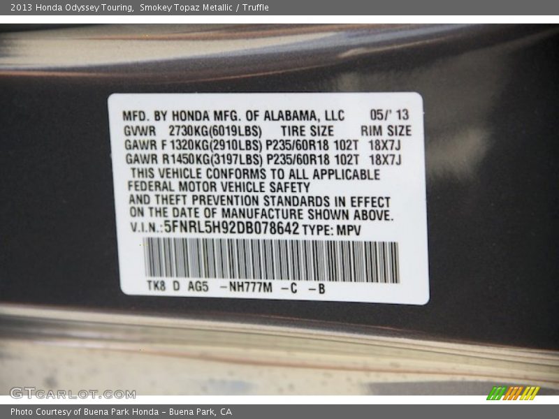 Smokey Topaz Metallic / Truffle 2013 Honda Odyssey Touring