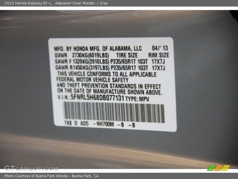 Alabaster Silver Metallic / Gray 2013 Honda Odyssey EX-L