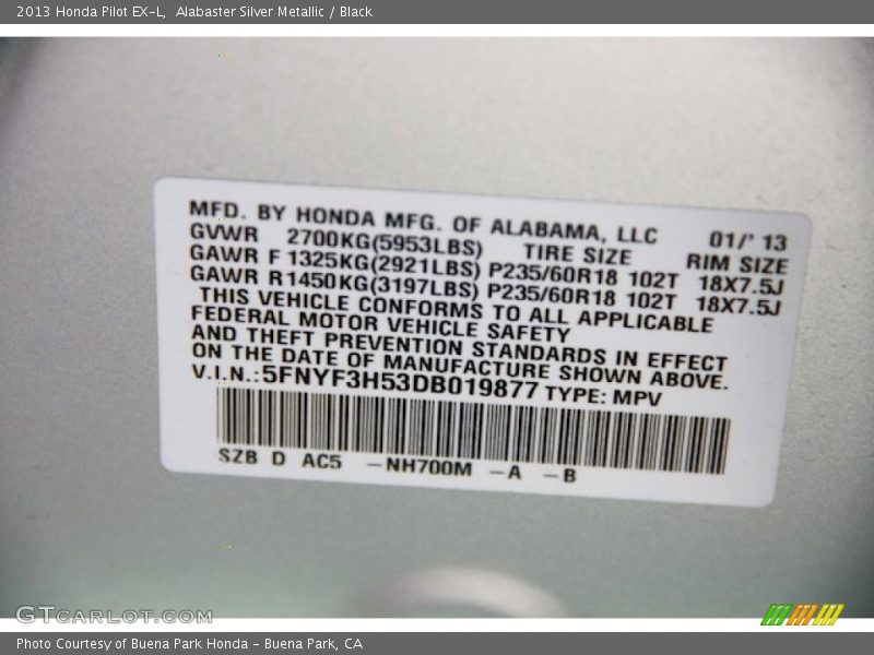 Alabaster Silver Metallic / Black 2013 Honda Pilot EX-L